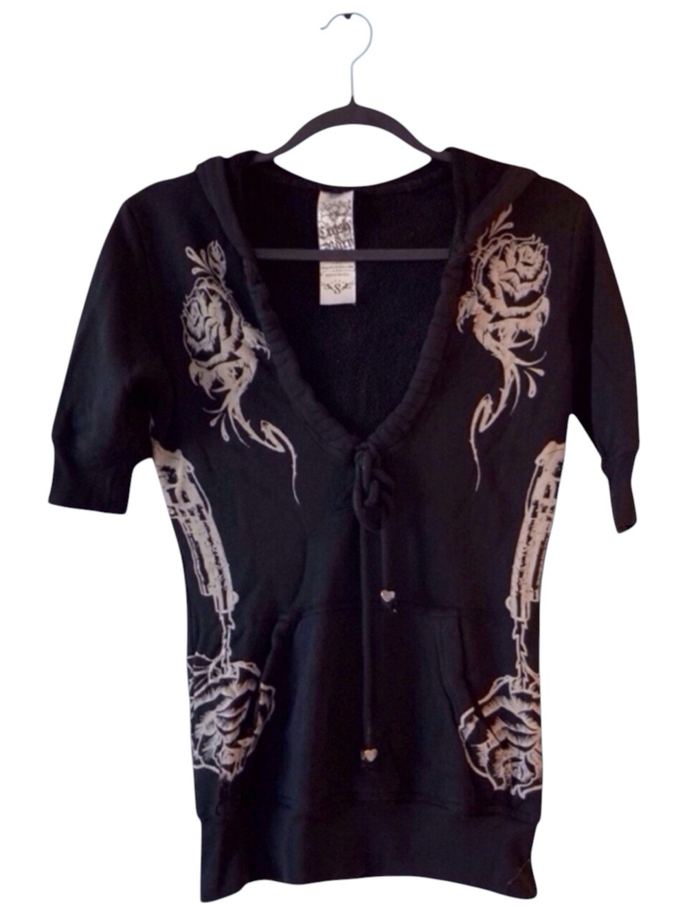 Y2K Crash & Burn Skull Rhinestone Short Sleeve Hoodie Black Size S vintage